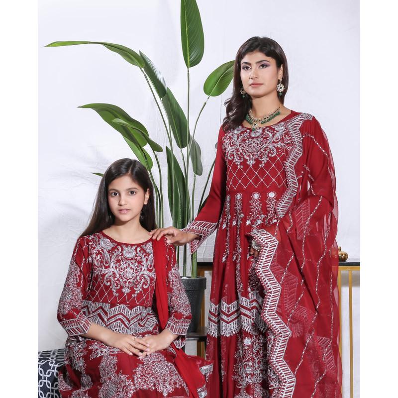 Mother & Daughter Ready to Wear Chiffon Maxi Dress Maroon D-308| Shop Pakistani Dresses 1