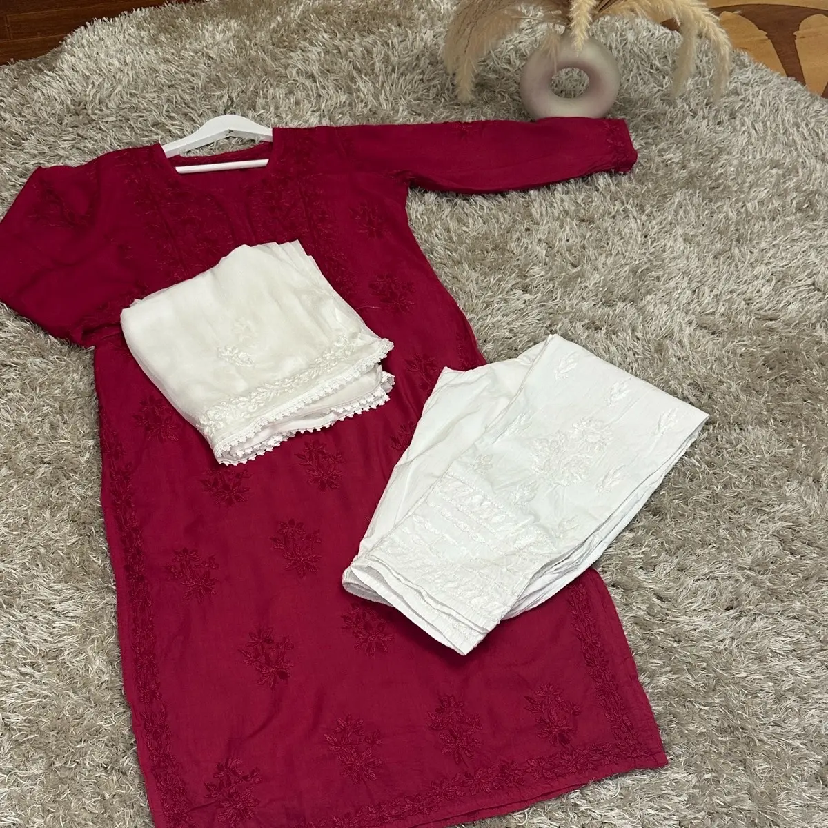 3-Pc Chikankari Cotton Set - Top, White Slim Fit Pants and White Dupatta - Lightweight Traditional Womenswear
