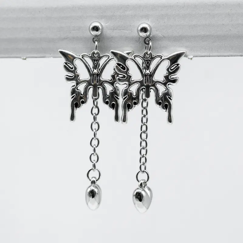 Silver Butterfly Heart Chain Drop Charm Earrings 2