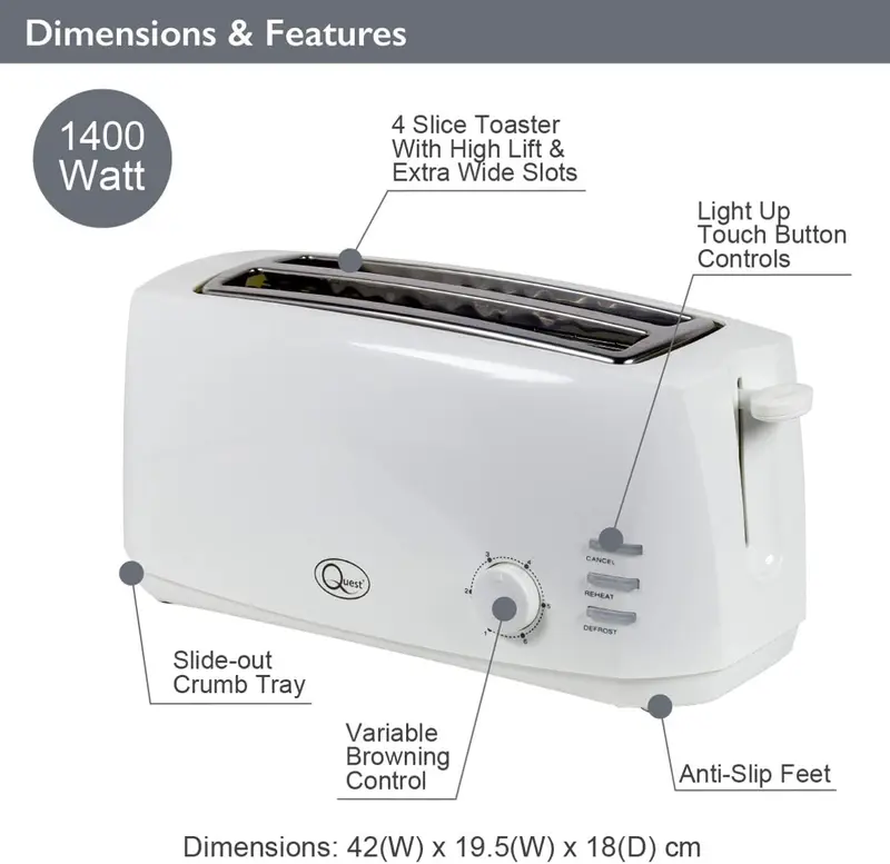 4 Slice Toaster White - Extra Wide Long Slots for Crumpets and Bagels - 6 Settings - Reheat and Defrost 1