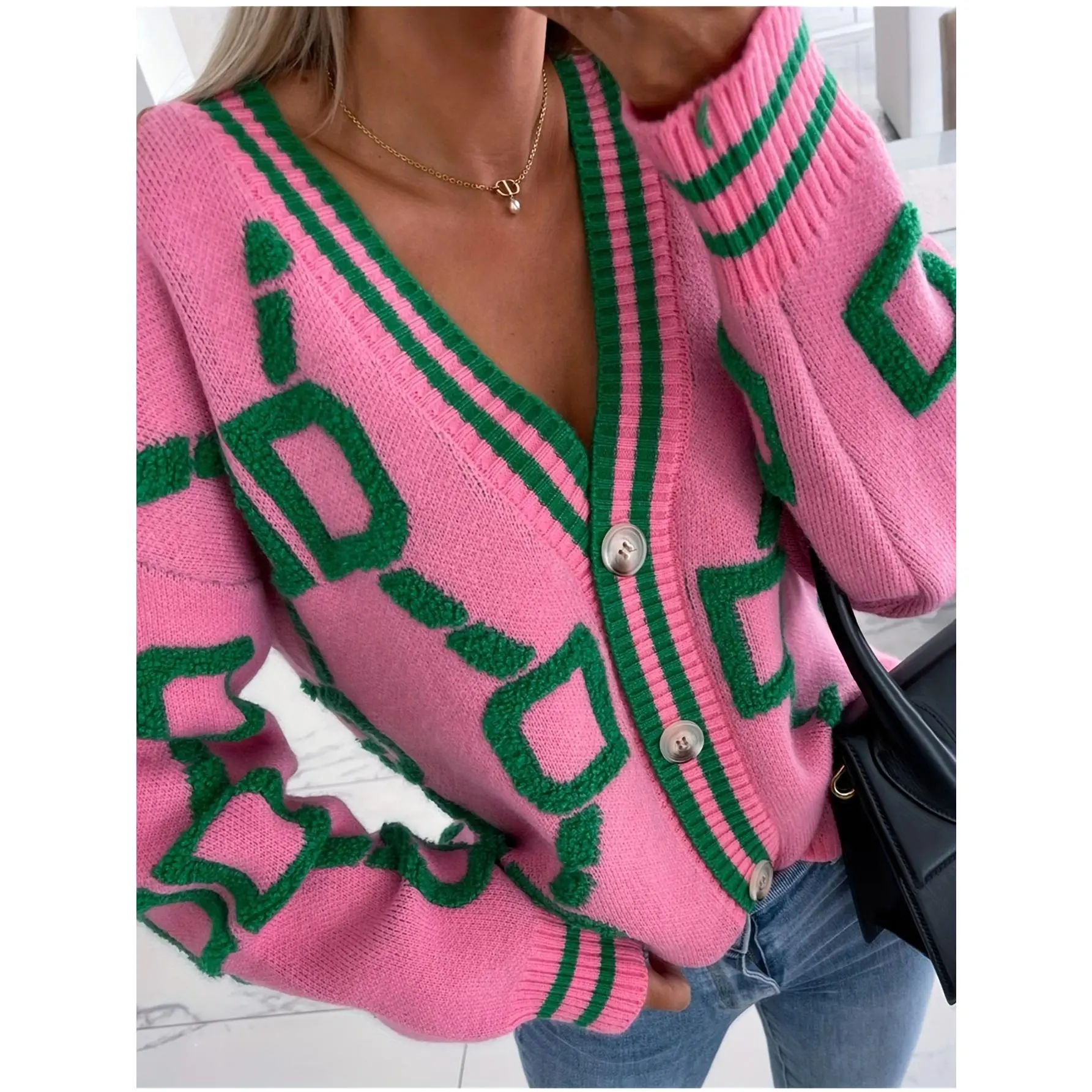 Color Block Knit Cardigan, V-Neck Button Up Cardigan Sweater, Casual Tops For Fall & Winter, Women's Clothing