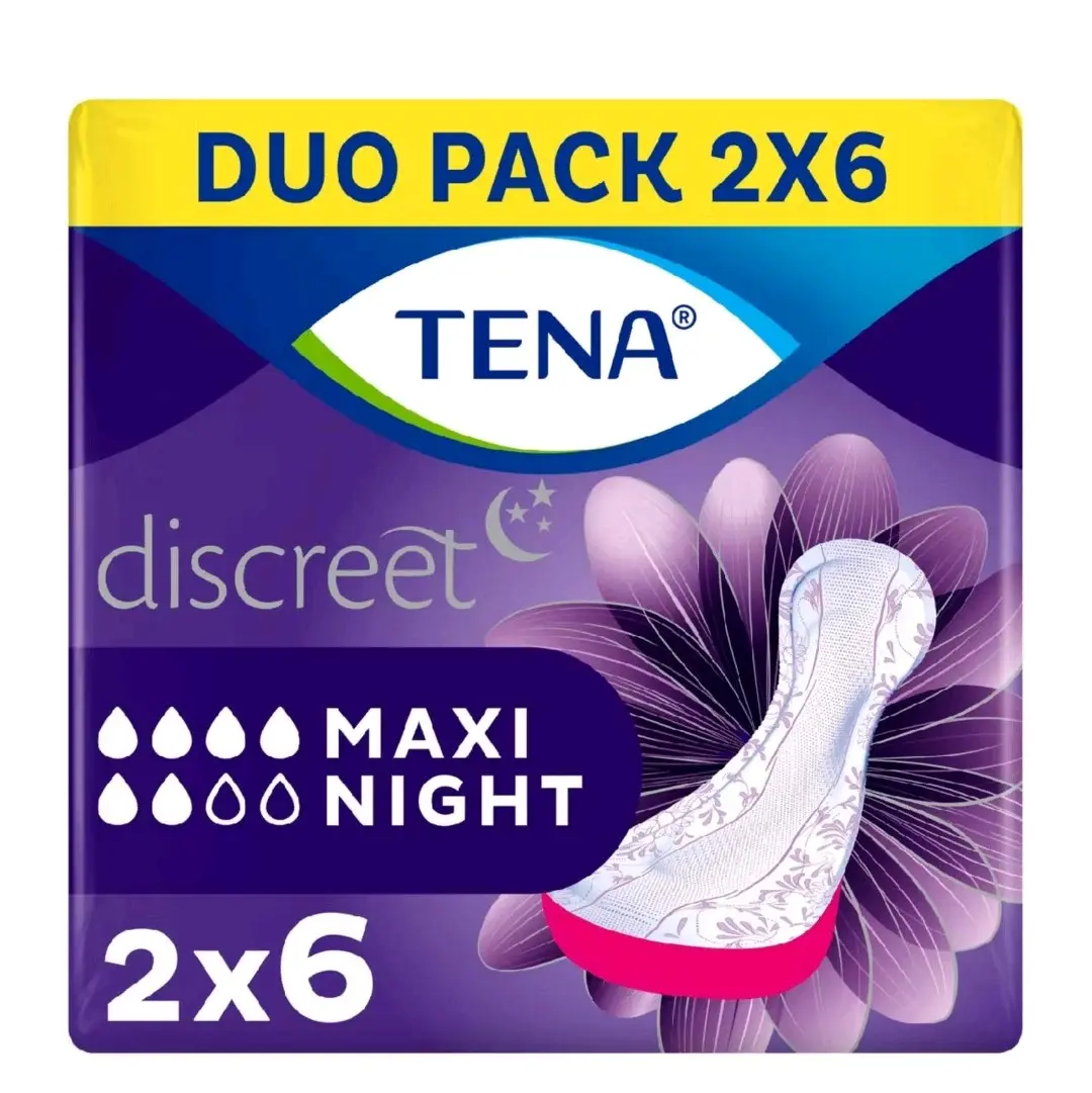 Tena Lady Discreet Maxi Night Incontinence Pads for Women 6 Packs of 2 ( 12 pads in Total )with Medium to Heavy Bladder Weakness, Specifically Designed for Night Time Protection with Wider Back and Extra Length Comfort