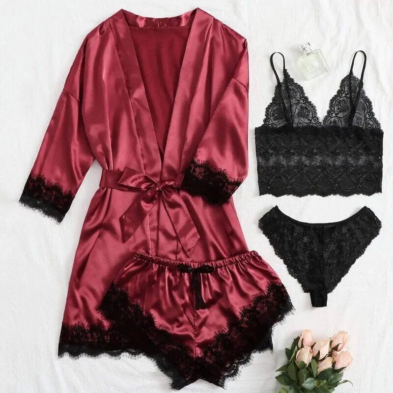 New four-piece lace satin halter neck pajama set for women. Casual loungewear featuring comfortable, minimalist long-sleeved nightwear with stylish lace details—perfect for relaxing at home.