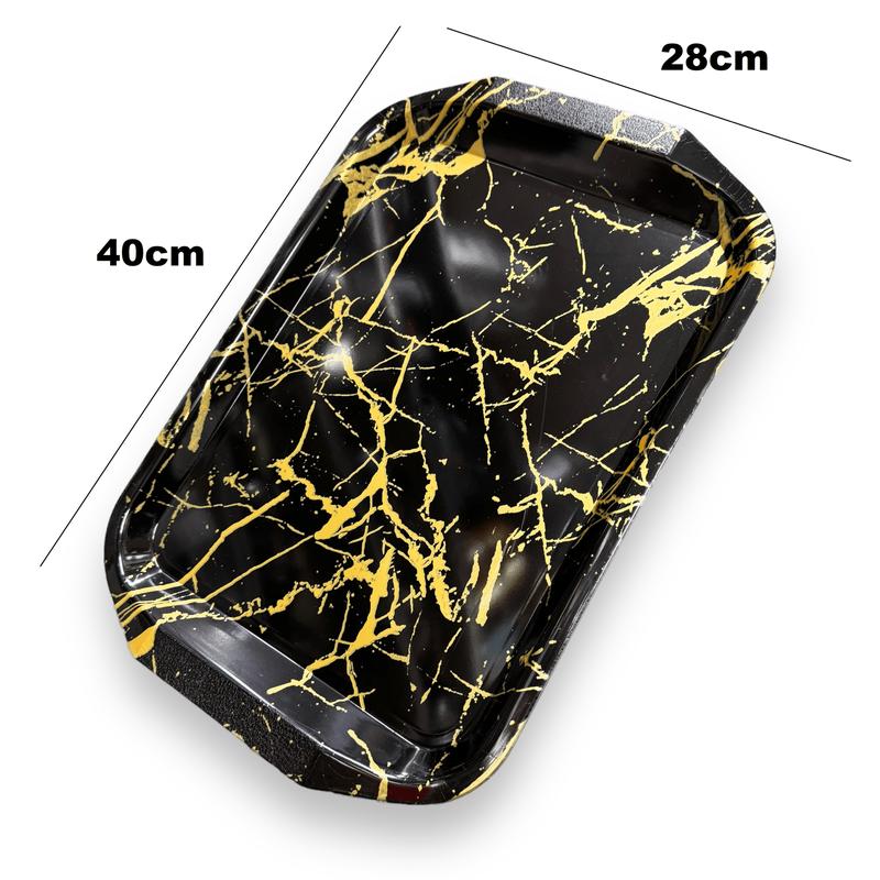 2Pc Large 40cm x 28cm Black & Gold Marble Design Plastic Serving Tray 1