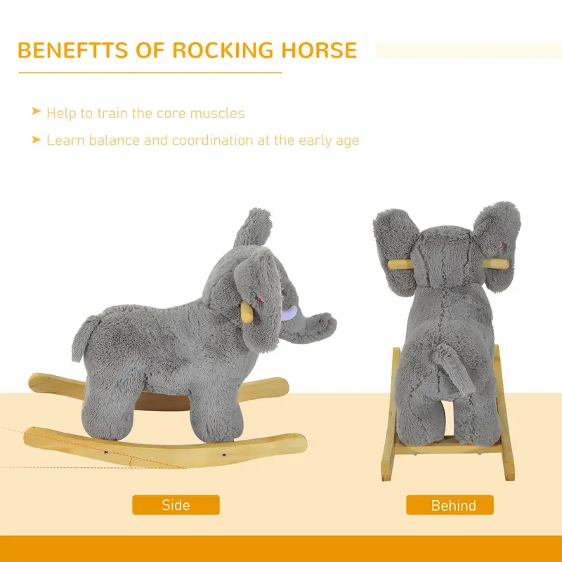 HOMCOM Kids Children Rocking Horse Plush Ride on Animal Wooden Riding Traditional Rocker Gift w/32 nursery rhymes (Grey Elephant) 4