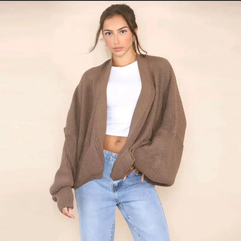Women's Oversized Knitted Short Cardigan with Balloon Sleeves - Casual, Clothing Comfortable Knitwear Soft Womenswear 2