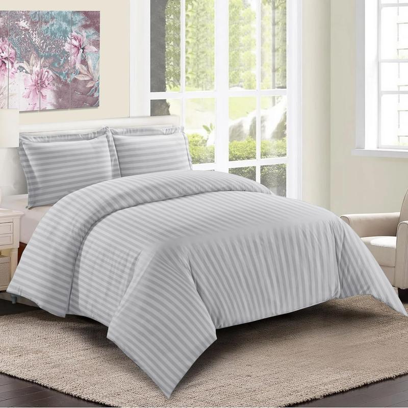 Satin Stripe Duvet Quilt Cover Bedding Set Single Double King Super-King Size W Pillowcases Microfiber Sleepdown Premium Hotel Quality Duvet Cover Set with Pillowcases Quilt Bedding Soft Easy Care Luxury Bed White Black Silver Cream Grey 4