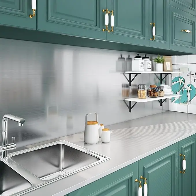 Stainless Steel Contact Paper Silver Wallpaper Self Adhesive Kitchen Oil Proof Stickers for Cooker Kitchen Splashback Worktops Shelf Appliance Dishwasher Refrigerator Fridge Cover 40CMx2M Decor Decorative Ornaments White 3