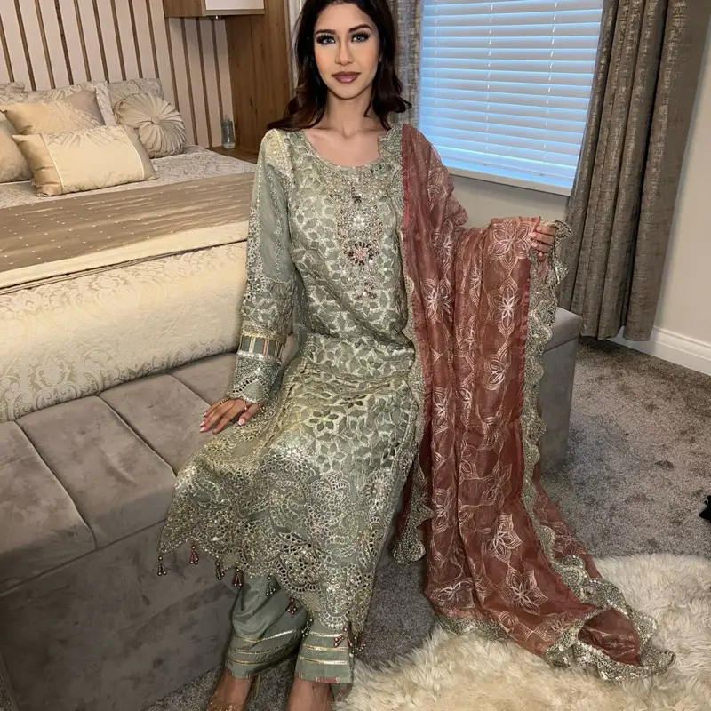 Caira sage green outfit with rust Duppatta 0