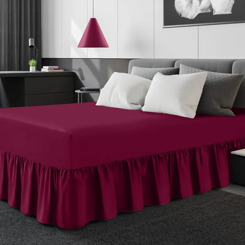 Easy Care Plain Dyed Polycotton Valance Sheet Super Soft Shrinkage Fade Resistant Frilled Valance Bed Skirts Extra Deep Fitted Valance Bed Sheets (Wine, King) 0