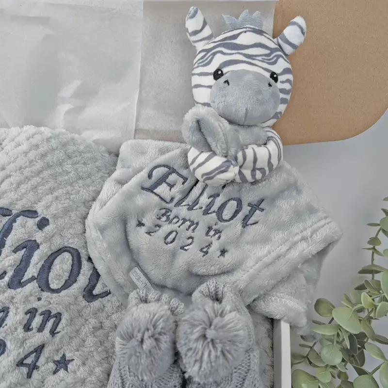 Embroidered Zebra Comforter Blanket Gift Set | Baby Shower Gift | Baby Booties | Baby Gift | Newborn Girl Boy | Newborn Baby Gift 1