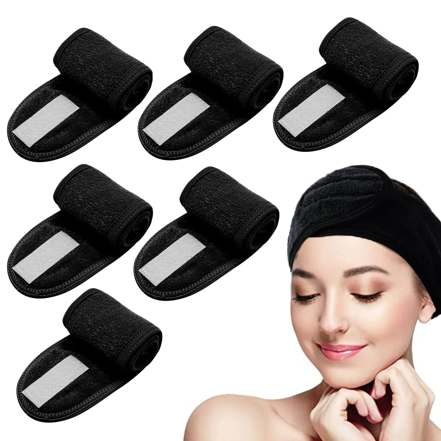 Spa headband make up hair band Sport Yoga Shower Wash Face, Adjustable Stretch Towel With Magic Tape (black)