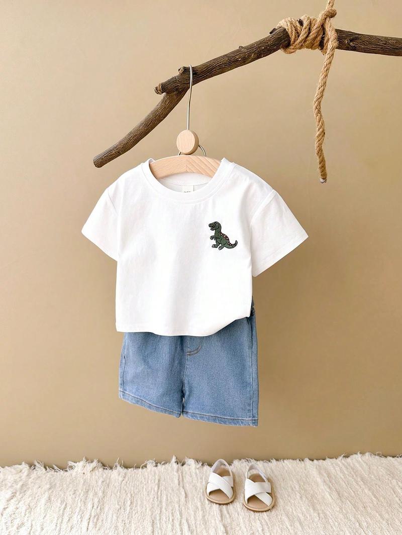 Product Introduction of 2pcs Baby Boys" And Girls" Casual Dinosaur Embroidery Elastic Short Sleeve T-Shirt + Shorts, Summer 18