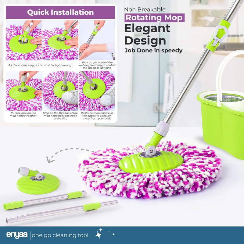 Enyaa Spin Mop Durable Stainless Steel Replacement handle + 2 Spare Microfiber Mop Heads for Rotating 360º Magic Spin Mop (Green) - MO-005 0