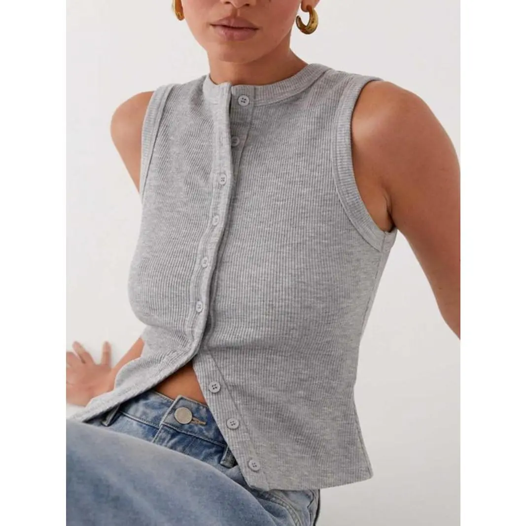 Women's Plain Button Front Ribbed Tank Top, Casual Sleeveless Round Neck Top for Daily Wear, Ladies Clothes for All Seasons, Tank Tops for Women, Back to School Clothes, Girl Gifts, Loser Core Outfits, Sassyclassyclothing