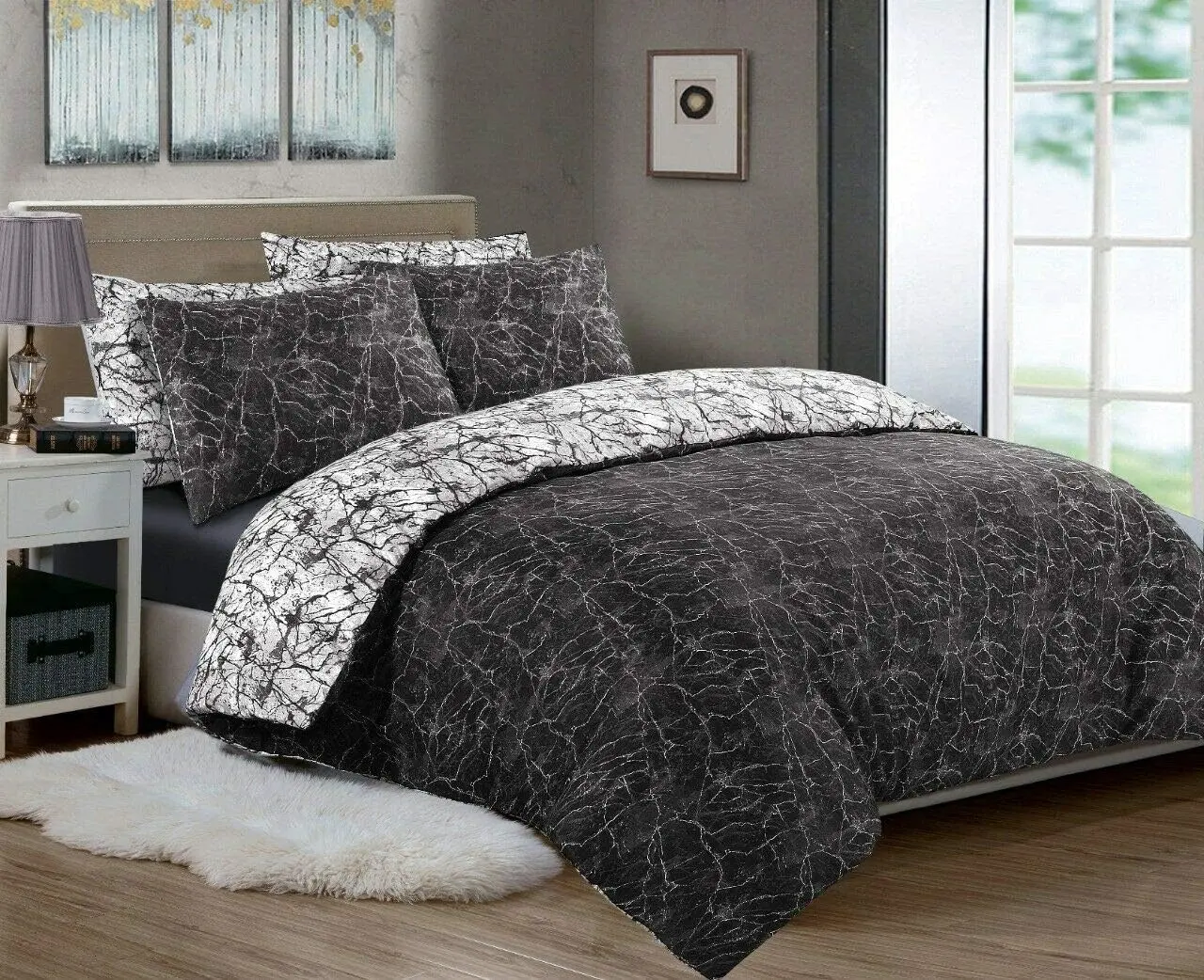 Printed Duvet Cover Set 3 Piece, 100% Cotton 200 Thread Count Reversible Quilt Covers Black Charcoal Grey Bedding Sets Double King Super King Size