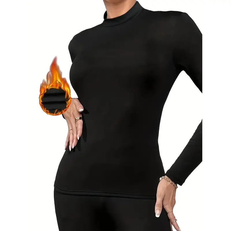 1pc Women's Thermal Long Sleeve Top, 95% Polyester 5% Elastane Knit Fabric, Solid Color Warm Base Layer Shirt 1