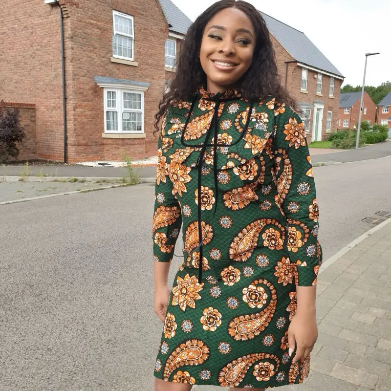 UK size 16 and 18 Ankara African Print Cotton Green, Orange and White Straight Dress with Velvet High Neck Detail and Long Sleeves for Women - Casual Womenswear