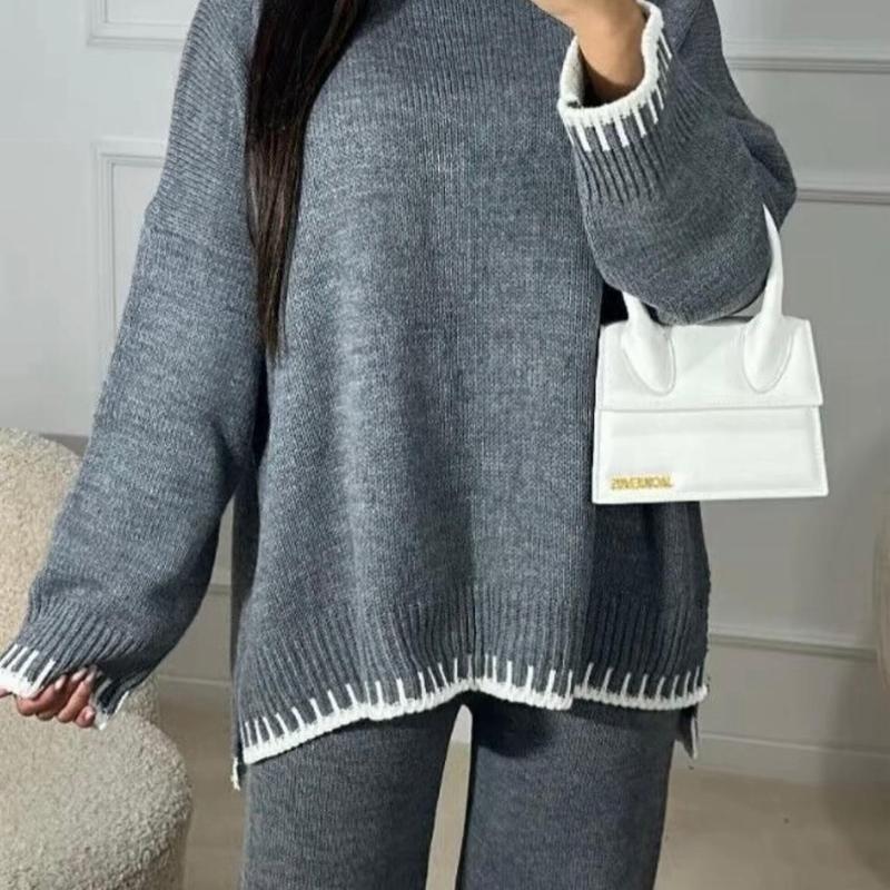 Women's Knitted Lounge Wear Ladies wide Leg Palazzo Top Trousers tracksuit Set 7
