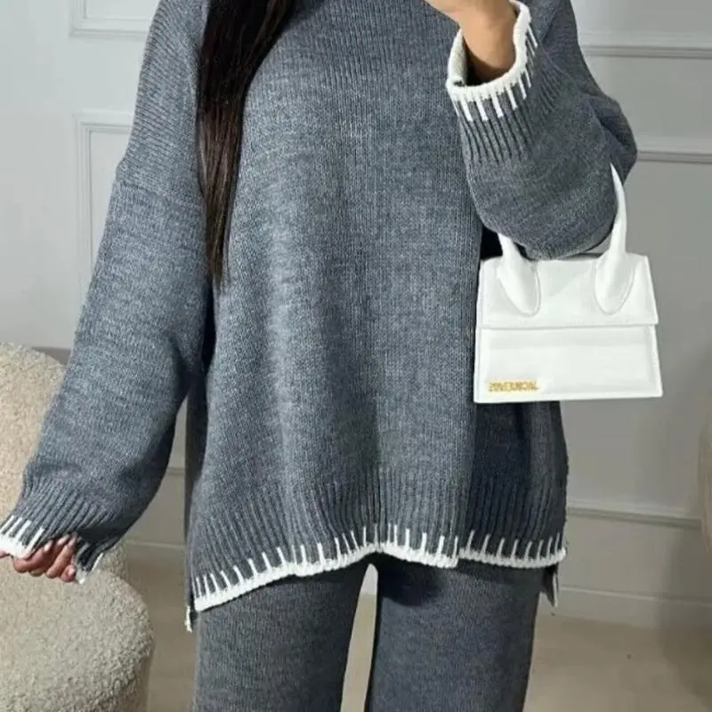 Women's Knitted Lounge Wear Ladies wide Leg Palazzo Top Trousers tracksuit Set 7