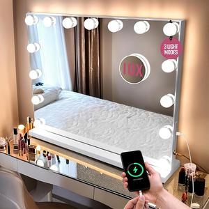 GloBrite Hollywood Vanity Mirror with Dimmable LED Bulbs - 3 Lighting Modes, 10x Magnification, Touch Control, USB Charging, Wall/Tabletop, Lighted Makeup Mirror for Bedroom, Dressing Room