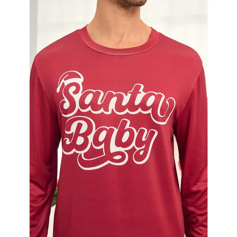 2pcs Men's Burgundy Simple Christmas Element All Over Print Long Sleeve Pajama Set, Comfortable Loungewear Menswear Nightwear Pants Stretch 7