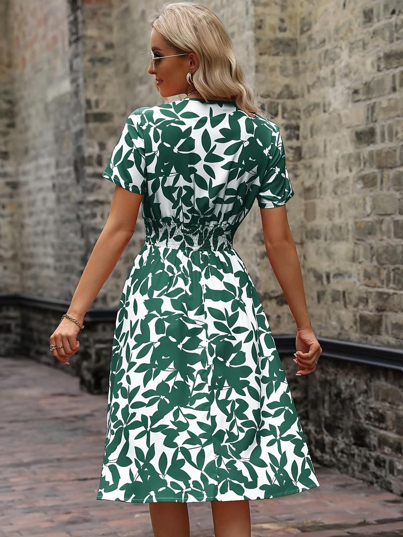 Product Introduction of Floral Wrap Neck Dress, Elegant Short Sleeve Dress For Spring & Summer, Women's Clothing 17