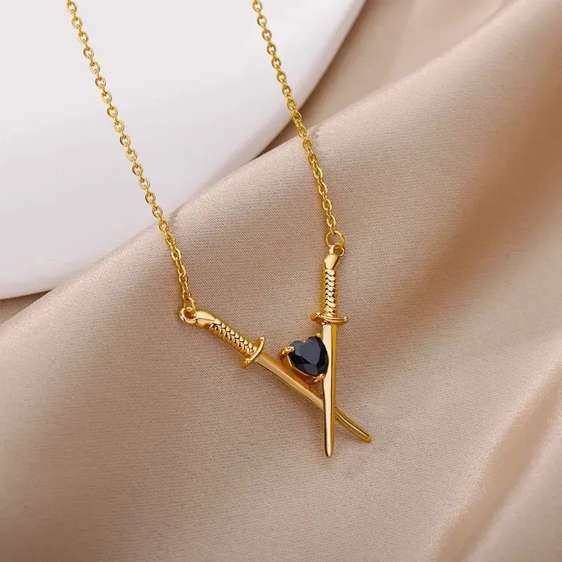 Sword With Black Crystal Heart Necklace In Gold Or Silver Finish, Crossed Over Sword With Heart Design Necklace, Gift Necklace For Her 3