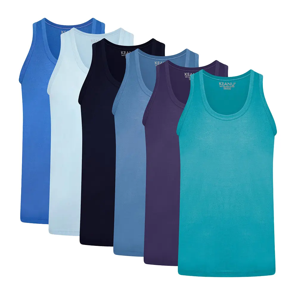 Mens 6 Pack Fitted Vest - 100% Cotton - Assorted Blued Design - Plain Colours - Tropical