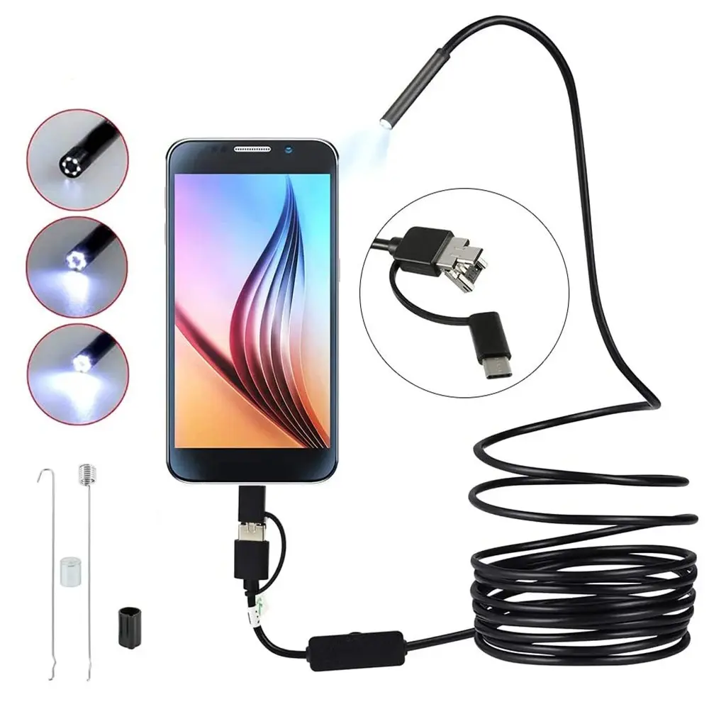 7.0MM TYPE-C 3 in 1 for iPhone & Android Endoscope Camera IP67 Waterproof 6 LEDs Adjustable USB Android Flexible Inspection Borescope Cameras for Phone PC Cellphone Smartphone