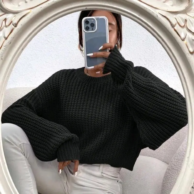 Women's Knitted Oversized Cropped Jumper - Soft and Stretchy Material - Perfect for Winter - Fit, Clothing autumnal fits fashion coat 3