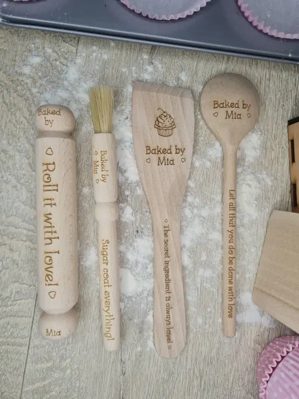 6 piece Personalised baking set, Beautiful gift for child baker,  Kids pretend play present - kitchen - birthday - christmas - bakery set 4