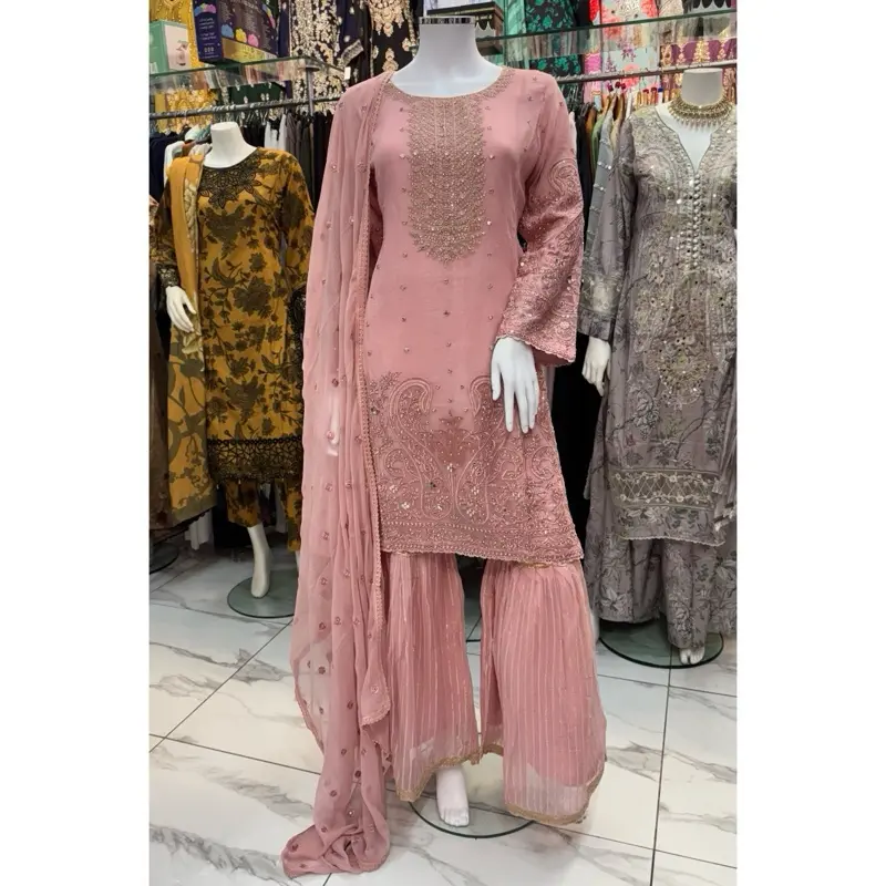Luxury embellished 3pcs chiffon sharara gharara salwar kameez