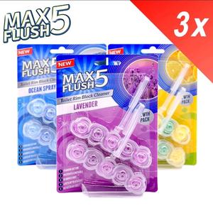 3 x Max Flush 5 Twin Pack Toilet Rim Block Cleaner (Choose Your Scent)~(3 Packs x 2 = 6x45g Blocks In Total)Foaming Action,Refreshing Scent,Lasts Up To 4 Weeks,Prevents Limescale,Removes Dirt 3 Pack Trio Saver Deal