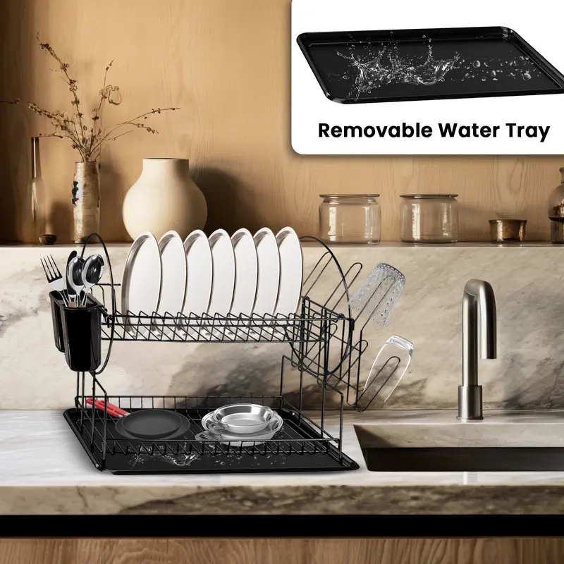 2 Tier Black Dish Drainer Rack with Drip Tray Stainless Steel Draining Dish drainer with Draining Board and Utensils Holder Dish Drying Rack for Small Kitchen Counter top Organiser draining rack Room Room 5
