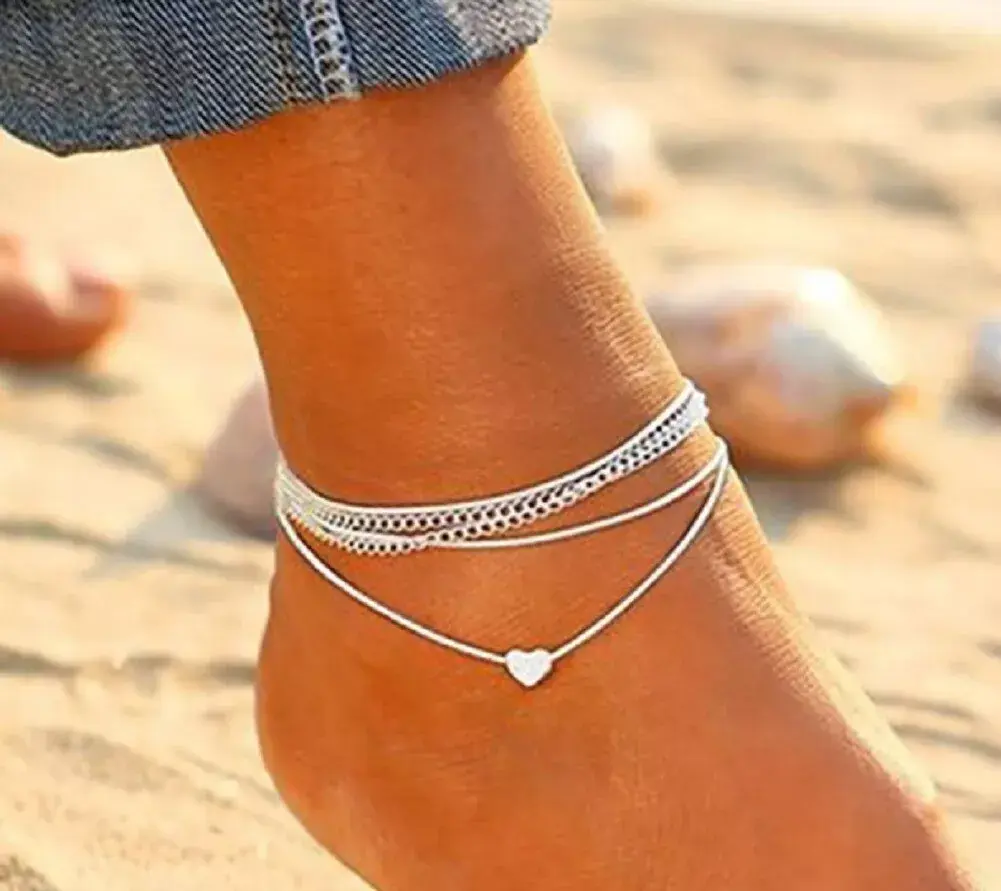 Women's Elegant Heart Decor Anklet (2pcs/set), Fashionable Body Jewelry for Women & Girls, 2024 Summer Trendy Accessories for Party, Daily Clothing Decor, Trendy All-match & Exquisite Jewelry for Birthday Gift