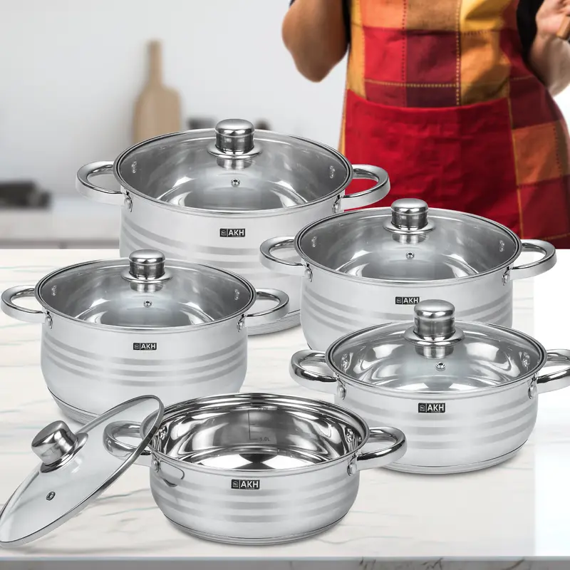 AKH HOUSEWARE Stock Pot Casserole Dish Cooking Pot with Lid Set of 5-20/22/24/26/28cm Large Heavy Duty Stainless Steel Stockpot with Lid & Silver Mirror Coated Cookware Set (Set of 5) 6