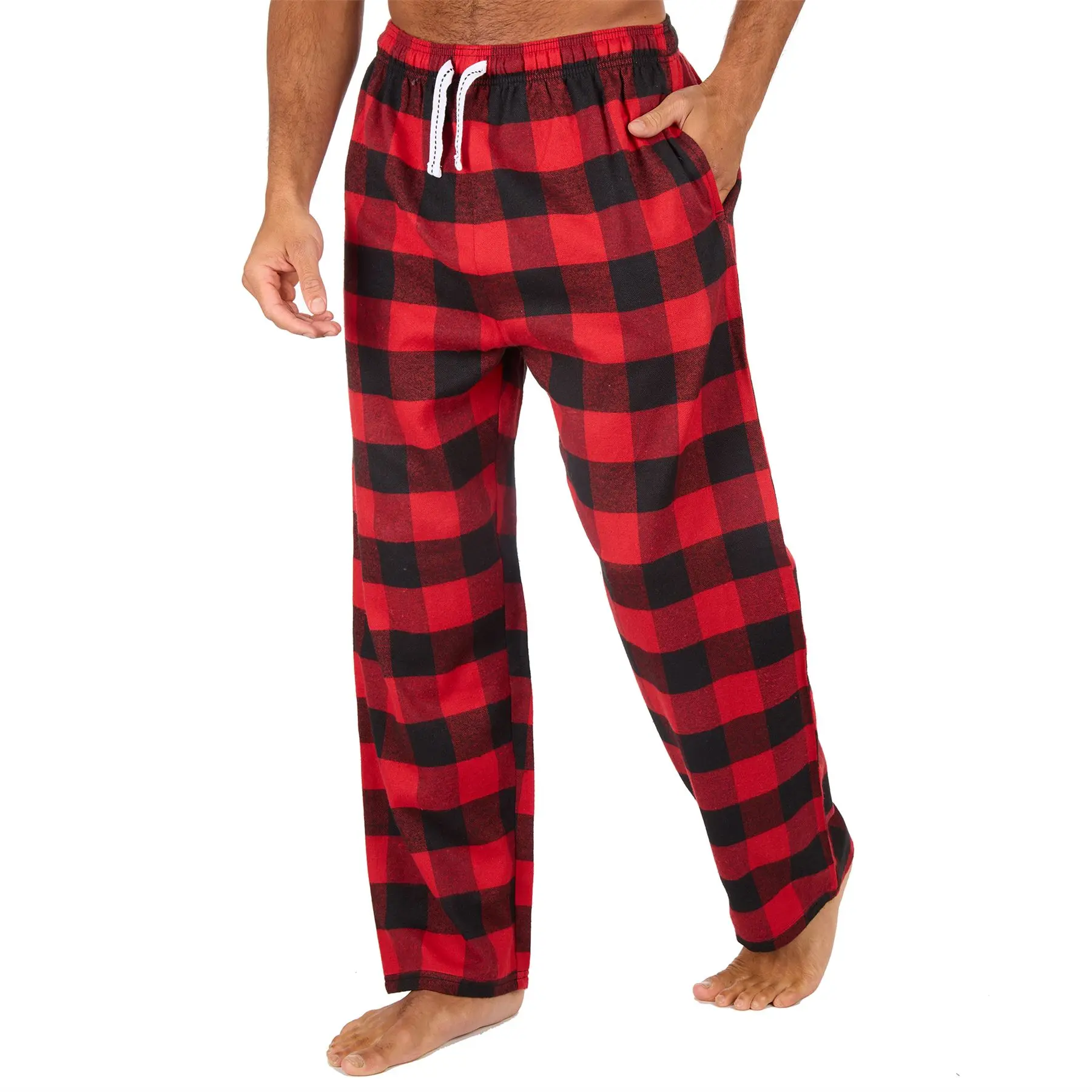 Mens Check Flannel Lounge Pants Pyjama Bottoms Black Size S-XXL