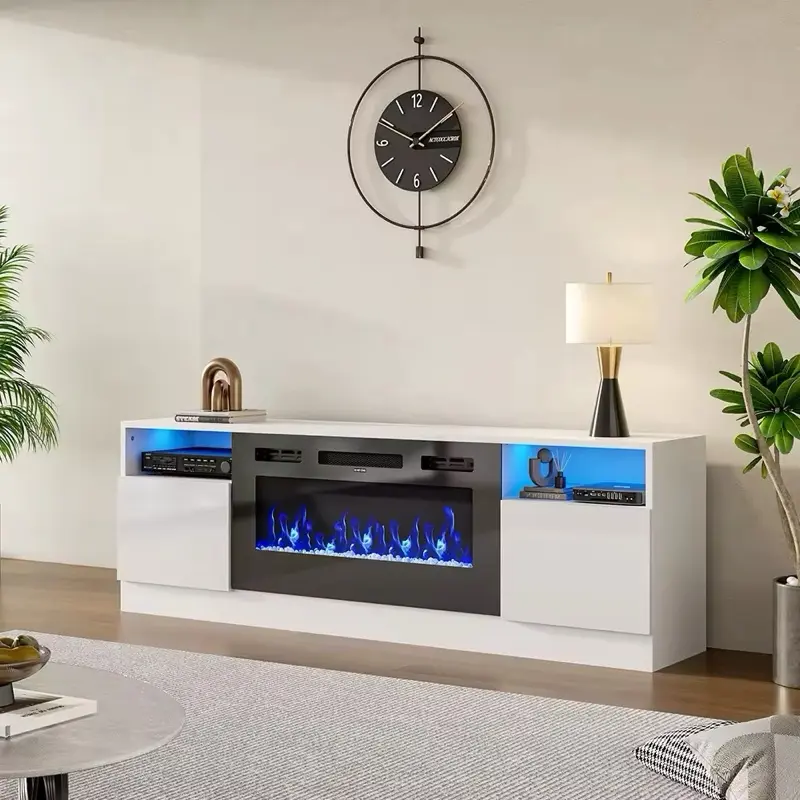 Modern Electric Fireplace TV Stand 178cm White Media Console with Adjustable Flame, 12 LED Colors, Remote Control, and Storage - Perfect for Your Home