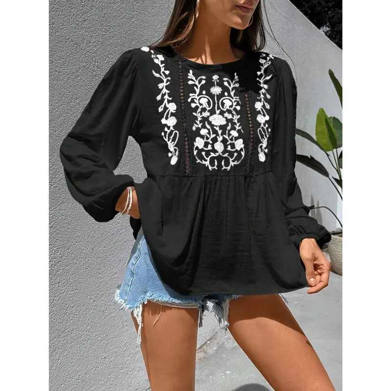 ​Women's TopsWomen's Flower Embroidery Long Sleeve Shirti Crinckle Fabric, Boho Style, Slice Lace Detailed【S12】 Top Womenswear Blouse Comfort Black Casual Crewneck Floral Bohemian Fitted cold  shoulder  tops shirts  women 5