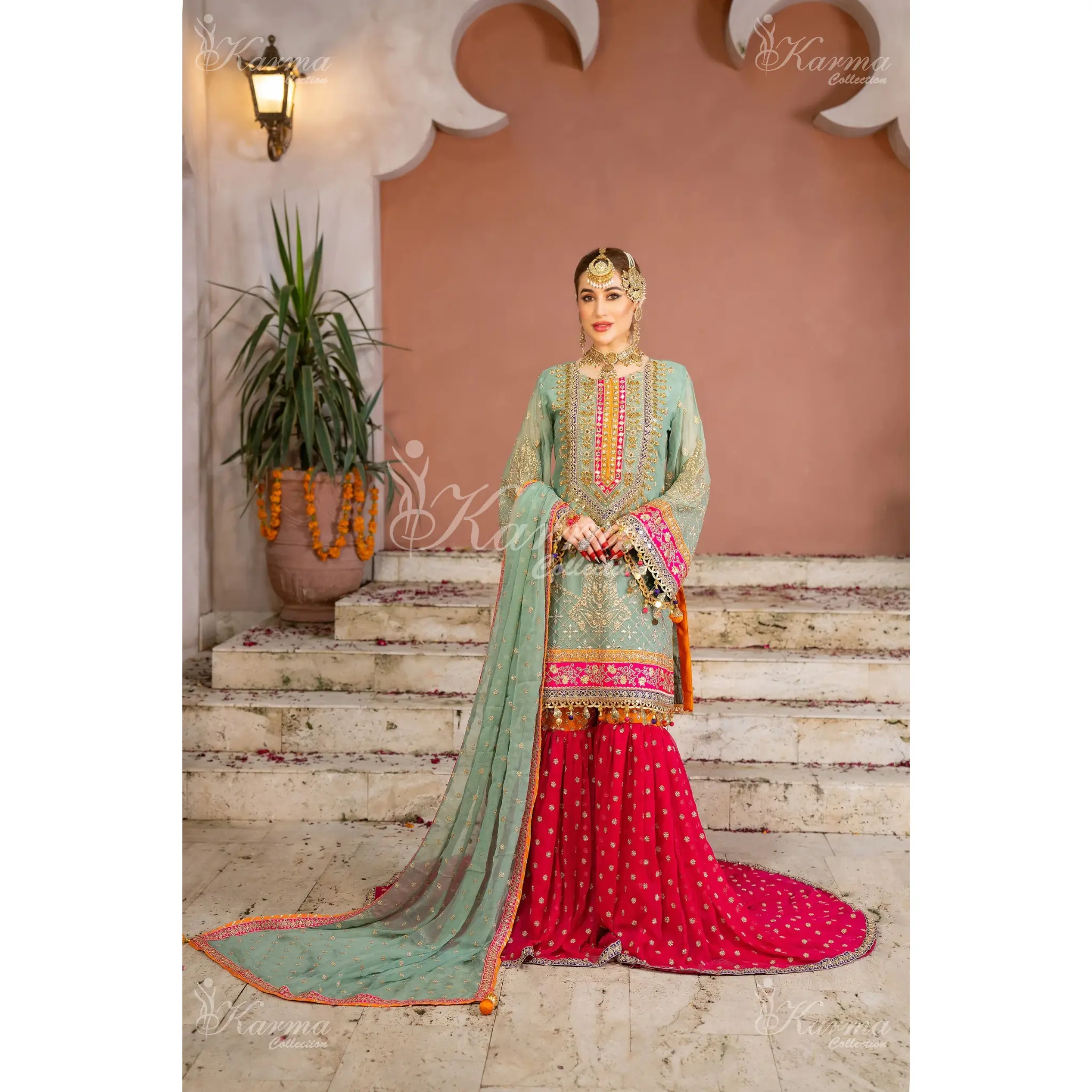 Greenish Grey & Hot Pink | Chiffon Sharara | 3 Pc | Wedding Wear | Karma Collection