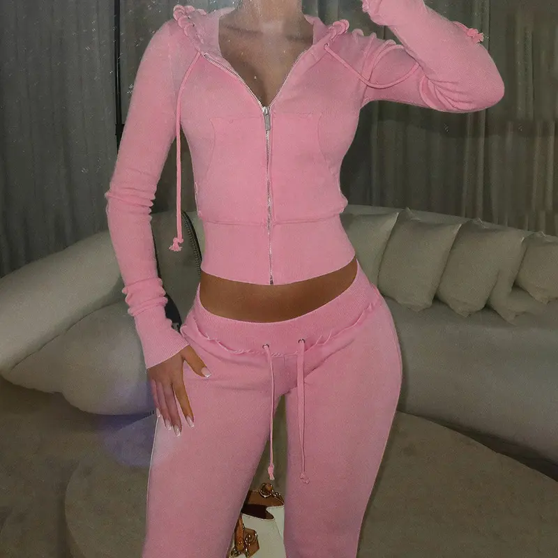 Cropped Zip Up Flared Tracksuit Lounge Set Color Blocking Waist Splicing Micro Flared Knit Set, Slim Fit and Fitness Pants Casual Long Sleeved Pants Set