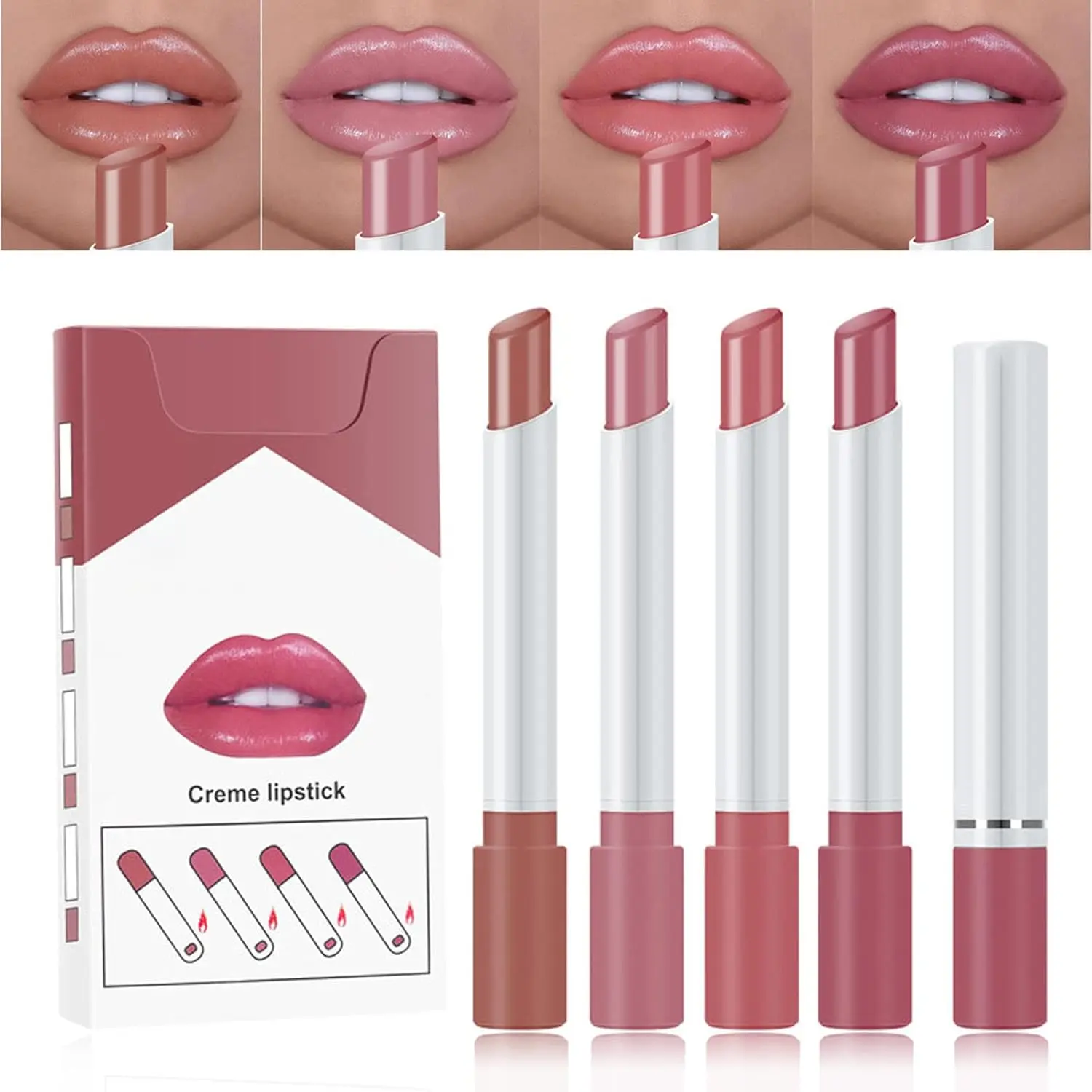 Plumping Lip Gloss Set,Lipstick Sets 4 Pcs High Pigmented Velvety Nude Cigarette Lipgloss, Long Lasting Non-Fading Waterproof Shimmer Liquid Lipsticks,Makeup Sets For Women Gifts Surprise Cosmetic Glossy