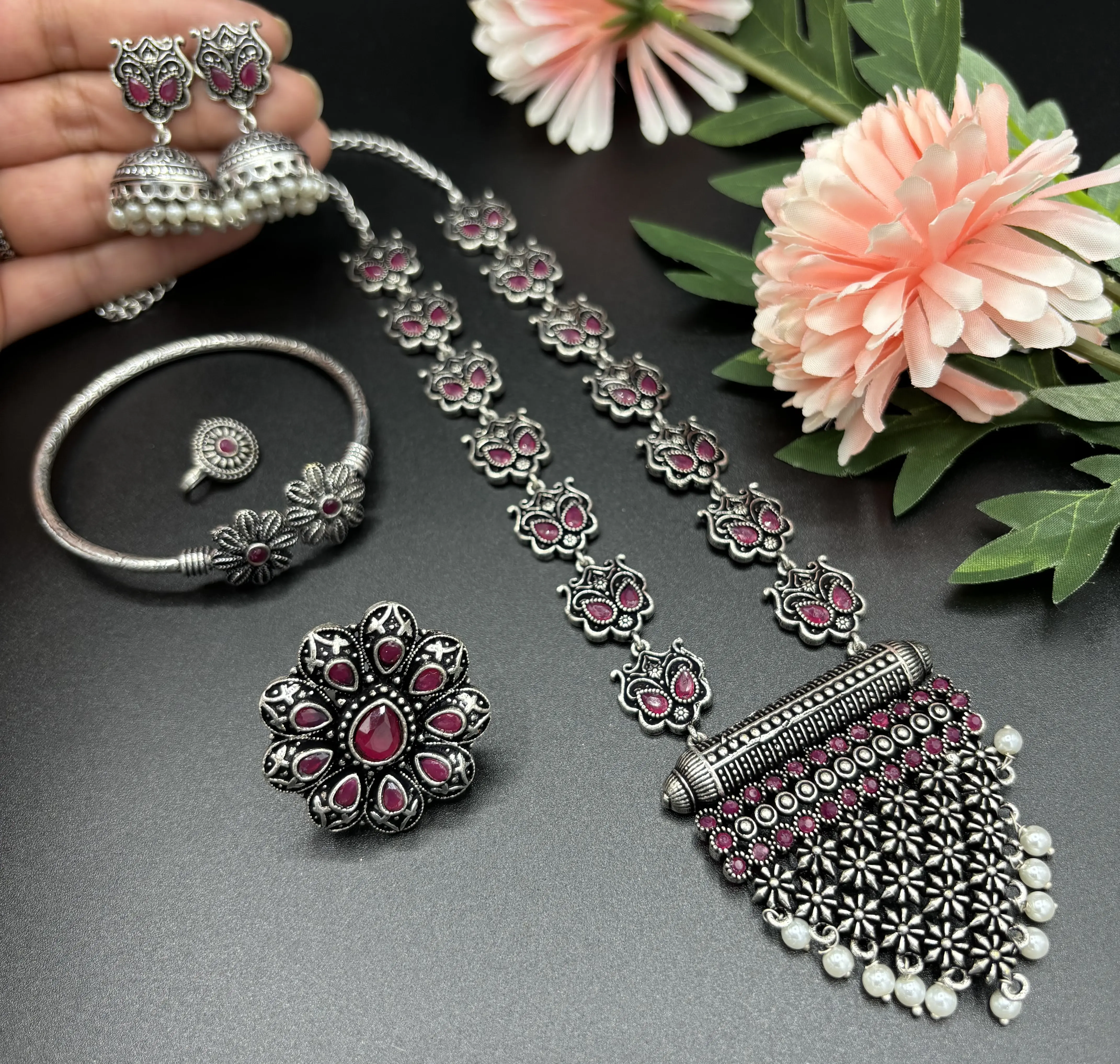 Designer Silver Kundan Combo Oxidized Necklace with Earrings Jhumka, Bracelet. Ring, Nose Pin Jewelry for Eid or Navratri Collection