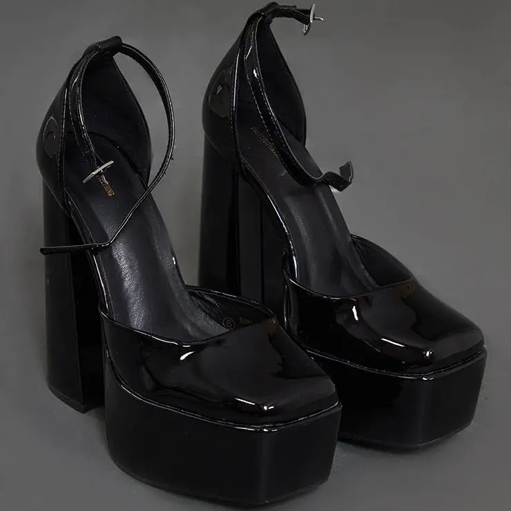 Black Patent PU Square Toe Platform High Block Heeled Sandals Walking Shoes Women Summer Casual Footwear Girls Buckle Comfort Decor Design Classy