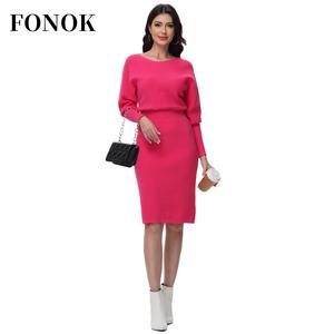 FONOK Casual autumn and winter knitwear dress solid colour package hip dress temperament thin jumper knit dress female Round Neck Sweater