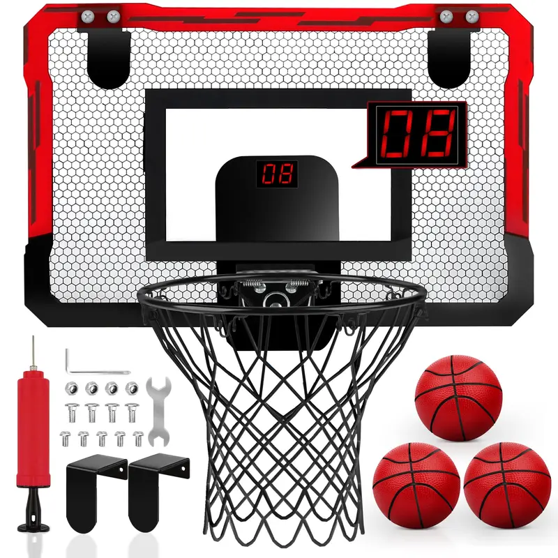 YIMORE Basketball Hoop for Kids Automatic Scoring Indoor Basketball Hoop, Mini Basketball Hoop Wall Mounted with 3 Balls Toy for Girls Boys Age 5 6 7 8 9 10 (red) 0