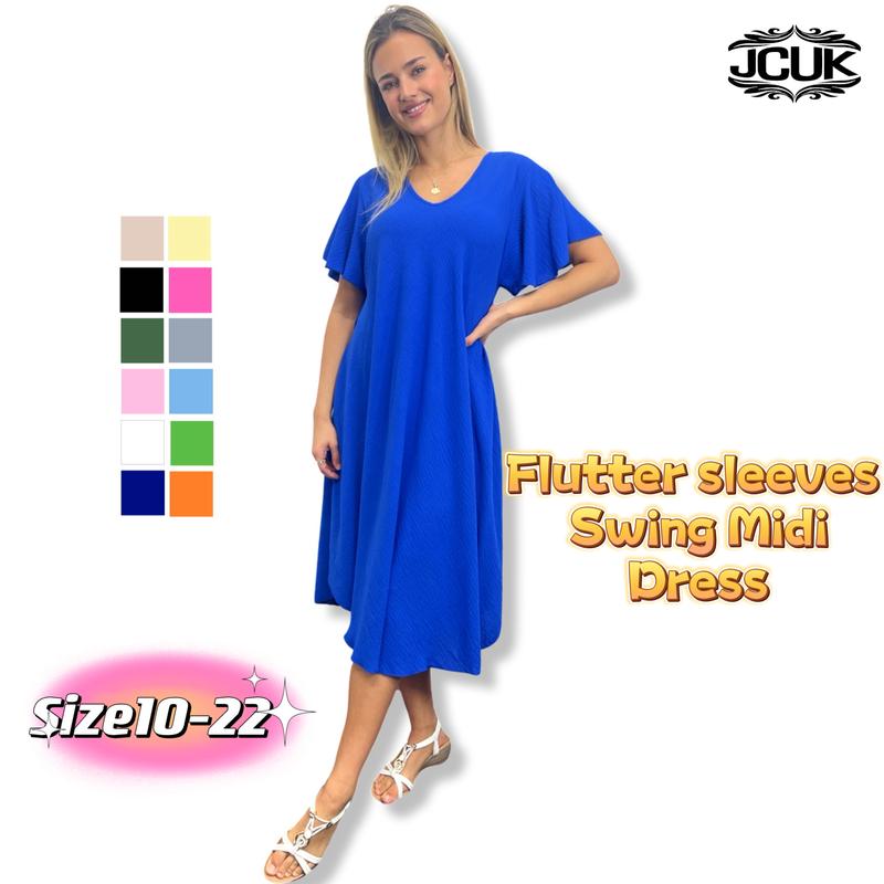 JCUKOUTLET SWING MIDI DRESS LARGE CIRCLE HEM V-NECK FLUTTER SLEEVES LADISE FASHION SUMMER DRESS RELAXING FIT ONE SIZE FITS ALL 10-22 PLUS SIZE MIDI DRESS 1