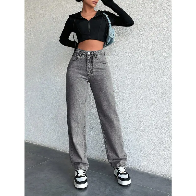 PETITE 100% Cotton Women Mid-Rise Washed Dark Color Straight Leg Jeans Fit Womenswear 3