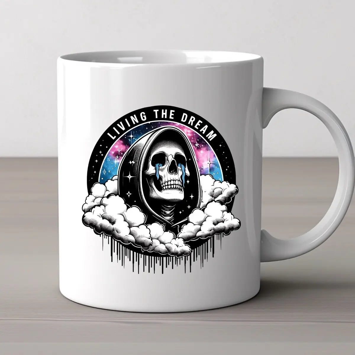 Living the dream mug, sarcastic skeleton mug mean